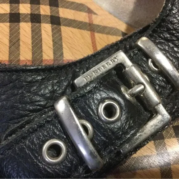 BURBERRY Black Leather Silver Buckle Wood Flip Flop Slide Sandal - Picture 5 of 6